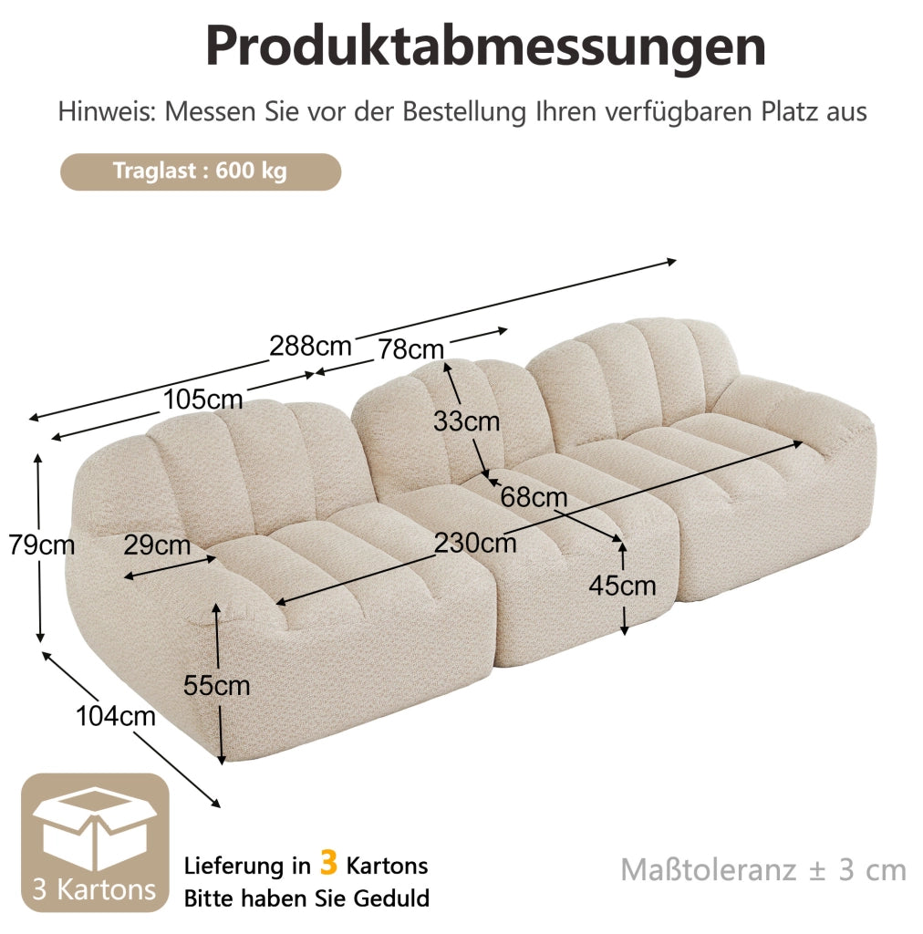 Divano modulare 3 posti con ottomana collegabile in fleece granulato; bianco beige