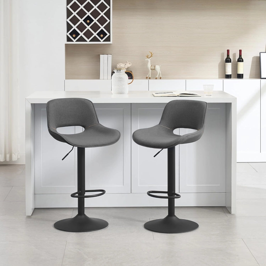 Set di 2 Sgabelli da Cucina, Sedia da Bar in Lino, Sgabello Regolabile in Altezza, con Schienale, Seduta Imbottita Girevole a 360°, per Bistrot, Pub, Base in Metallo, Grigio, BH438gr-2