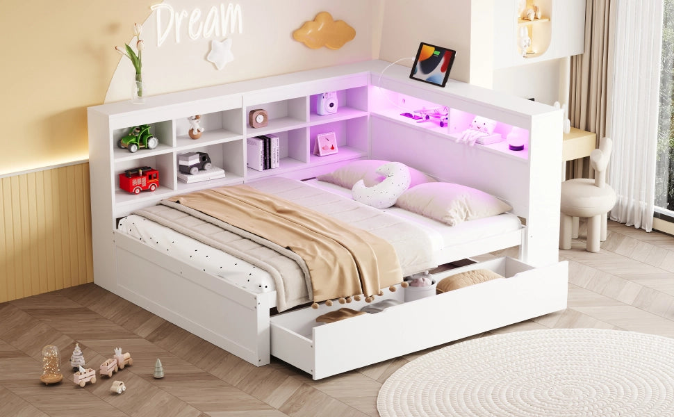 DESMIU Letto con contenitore 140 × 200 cm 2 posti con USB, LED, ripiani e vani, senza materasso, in legno, bianco
