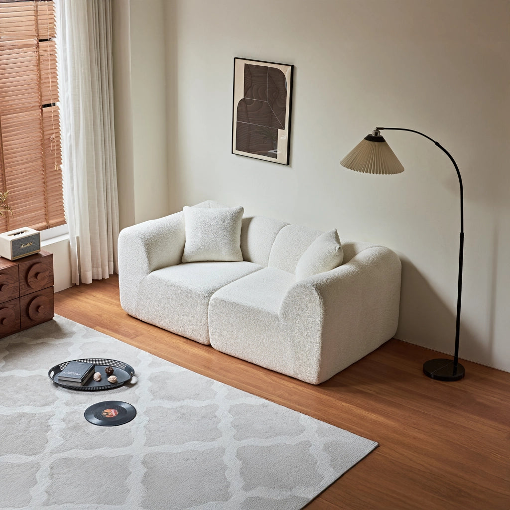 Divano a 2 posti in velluto con cuscini e design compatto salvaspazio per salotto, ufficio e appartamento, beige
