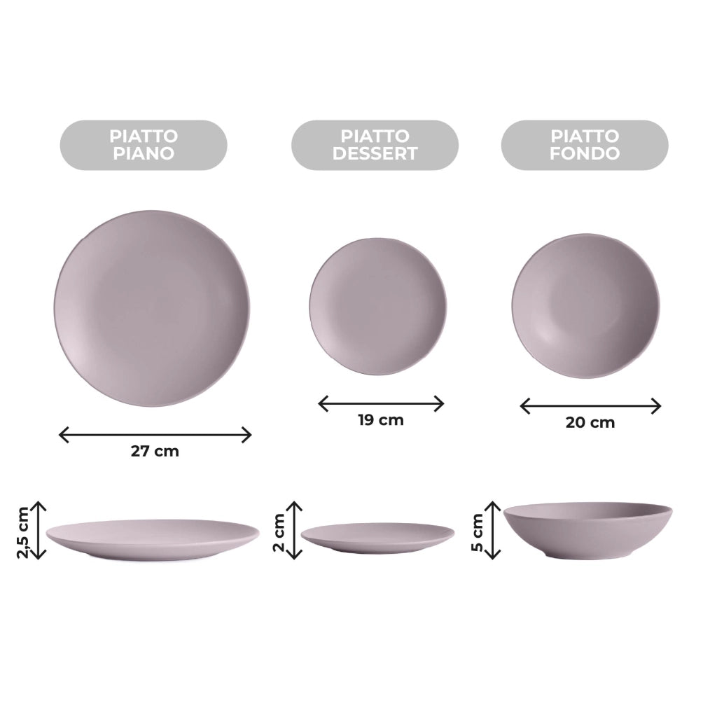 Servizio 18 Pezzi Piatti Cucina In Porcellana Gres Matt Design Moderno Finiture Opache Piatto Fondo Piano Dessert Lavastoviglie Microonde Colorazioni Tinta Unita Certificati Contatto Alimentare Glicine