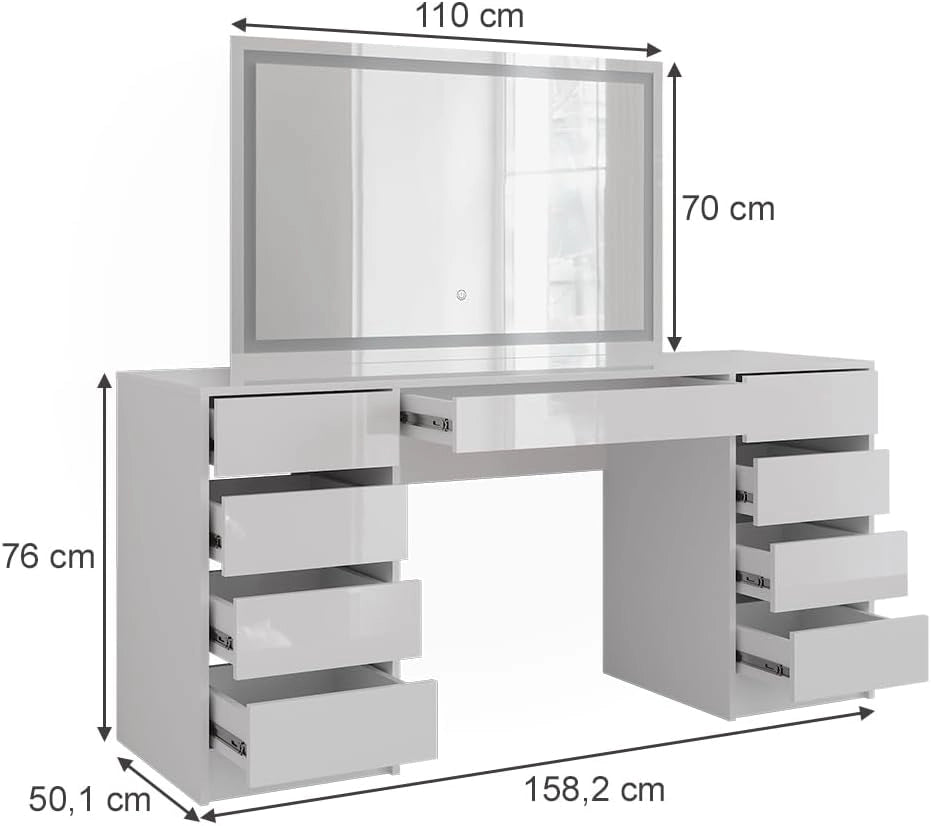 Tavolo da toeletta Sherry, Bianco/bianco lucido, 158.2 cm con specchio LED