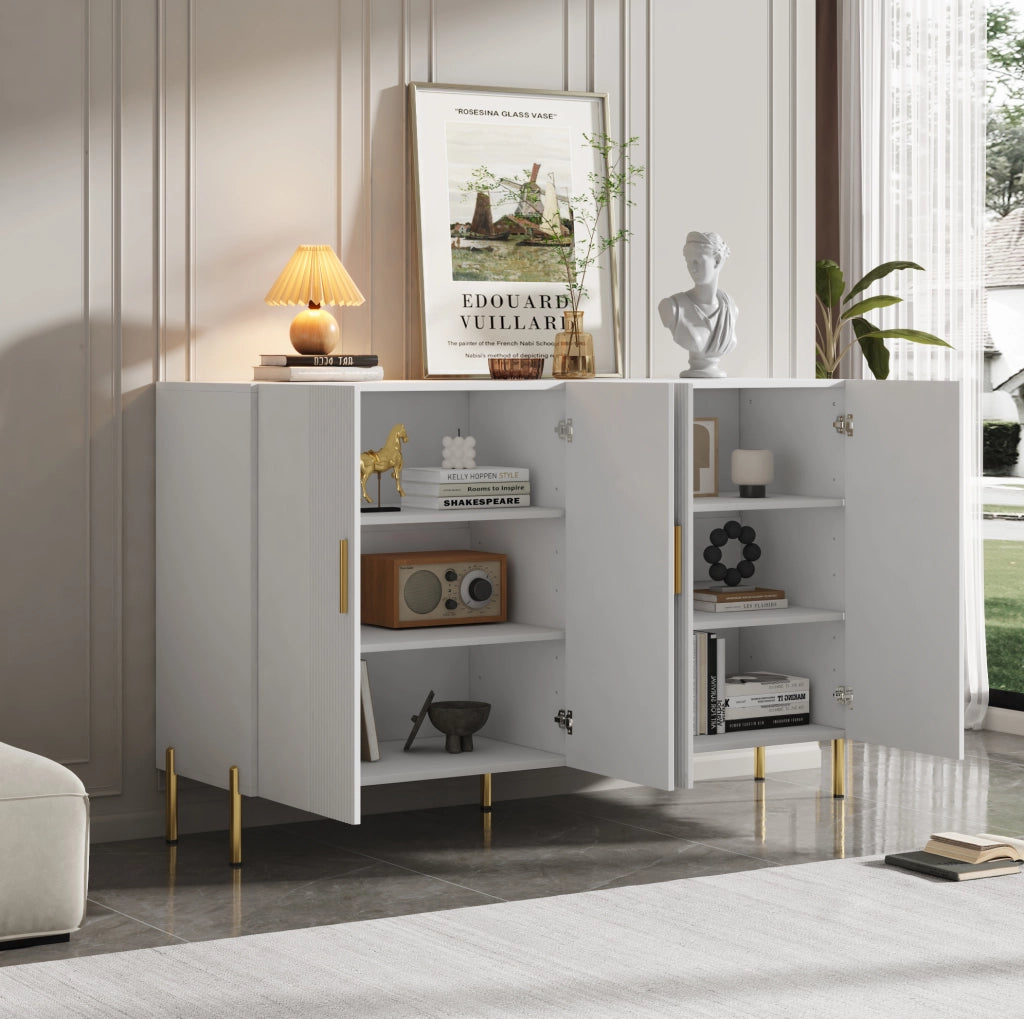 Credenza multifunzionale bianca opaca 160x35x100 cm in pannello truciolare con dettagli dorati