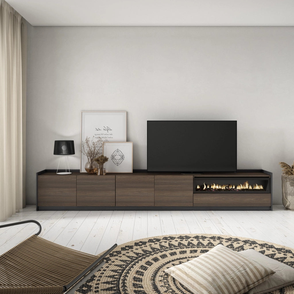 Mobile TV Soggiorno, 310x50x37 cm, Per TV fino a 80", Camino elettrico, Rovere scuro e Nero