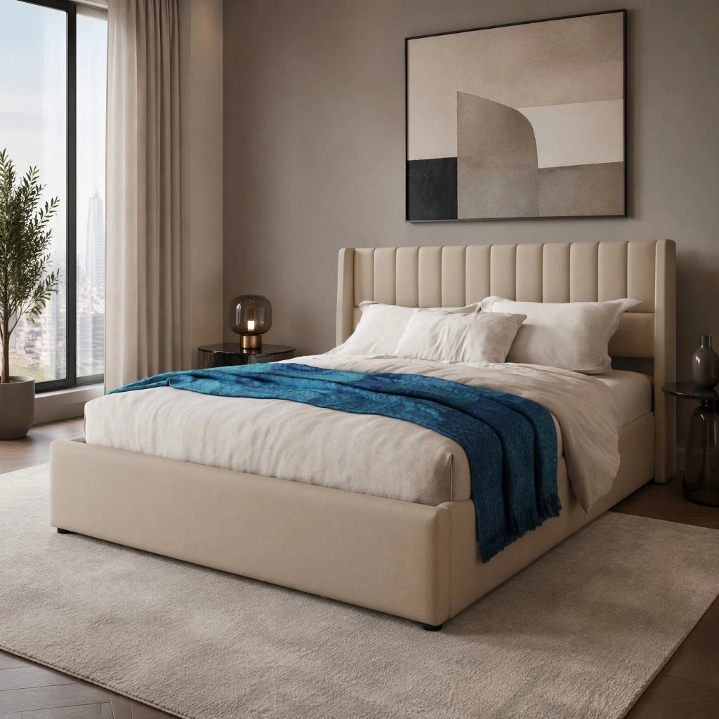 Letto matrimoniale contenitore idraulico 140x200 cm imbottito in lino beige con testiera e rete a doghe
