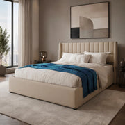 Letto matrimoniale contenitore idraulico 140x200 cm imbottito in lino beige con testiera e rete a doghe