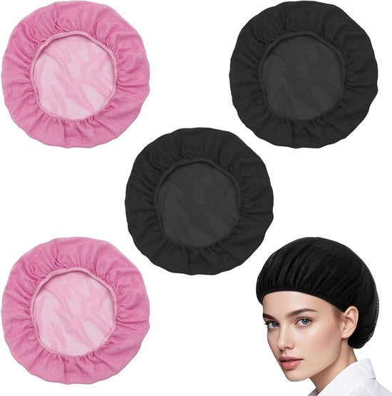 Pannello di rete per capelli premium, 4 pezzi per sonno notturno e cucina, mesh morbido in rosso nero, cappuccio regolabile per donne