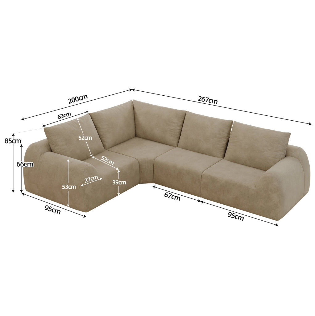 Divano in schiuma compressa 267x200x85 cm in ciniglia, khaki