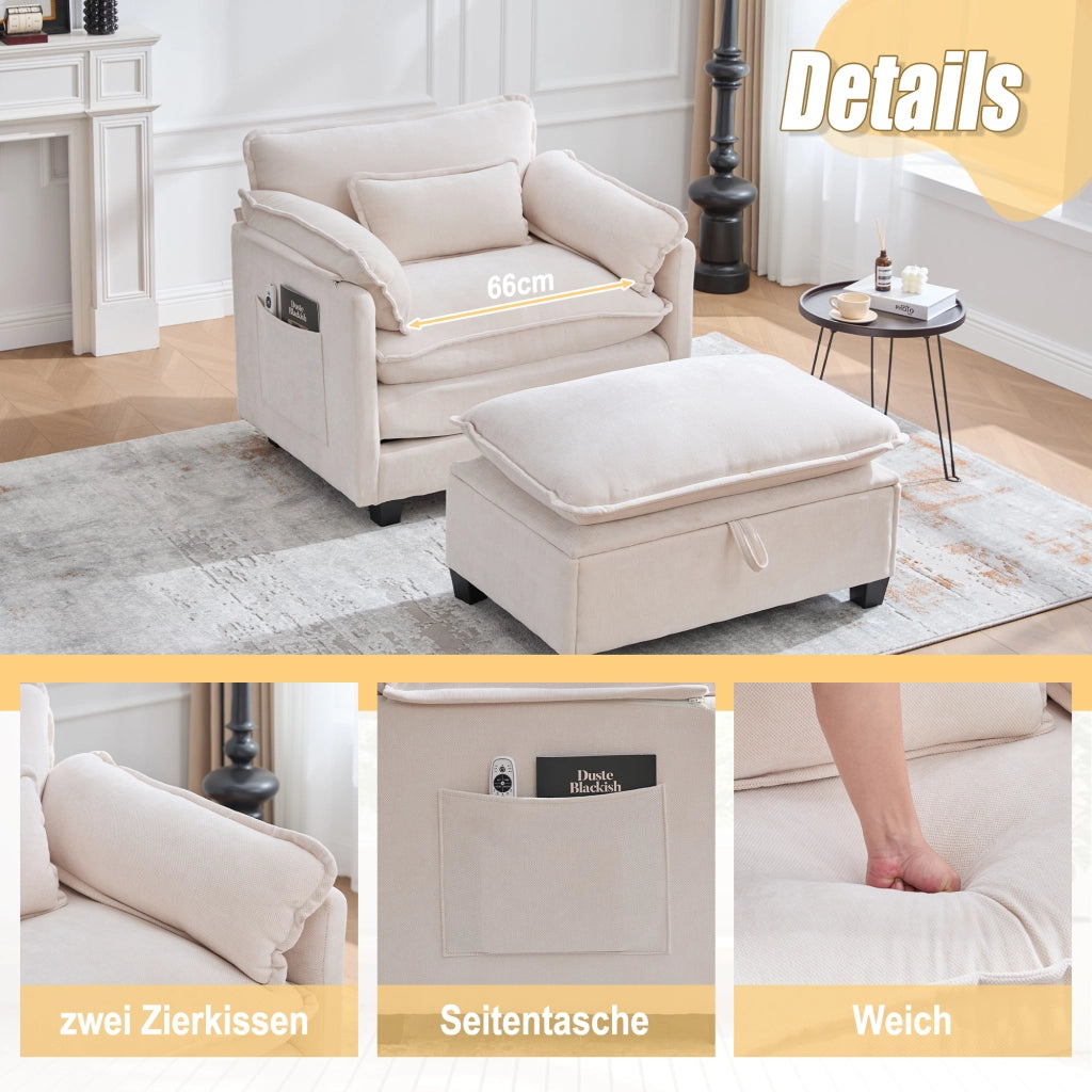 OKWISH Poltrona con Poggiapiedi, Seduta Ampia con Vano Contenitore e Tasca Laterale, Schienale Imbottito, Ciniglia Beige
