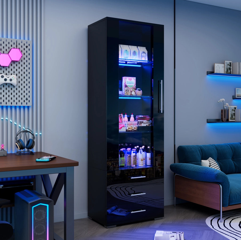 Vetrina verticale nera 60x35x180 cm in MDF con LED; 1 porta; 3 cassetti e frontale lucido