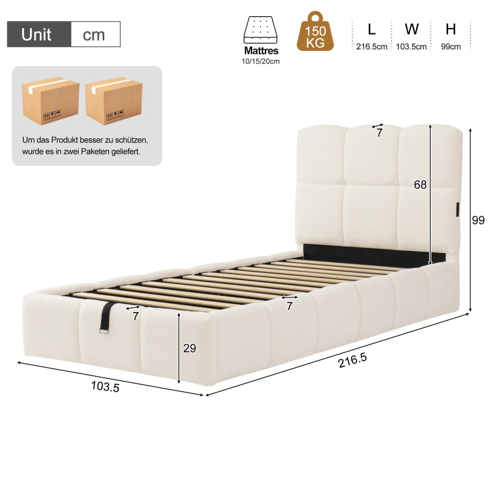 Letto singolo imbottito con contenitore, rete inclusa e porta USB