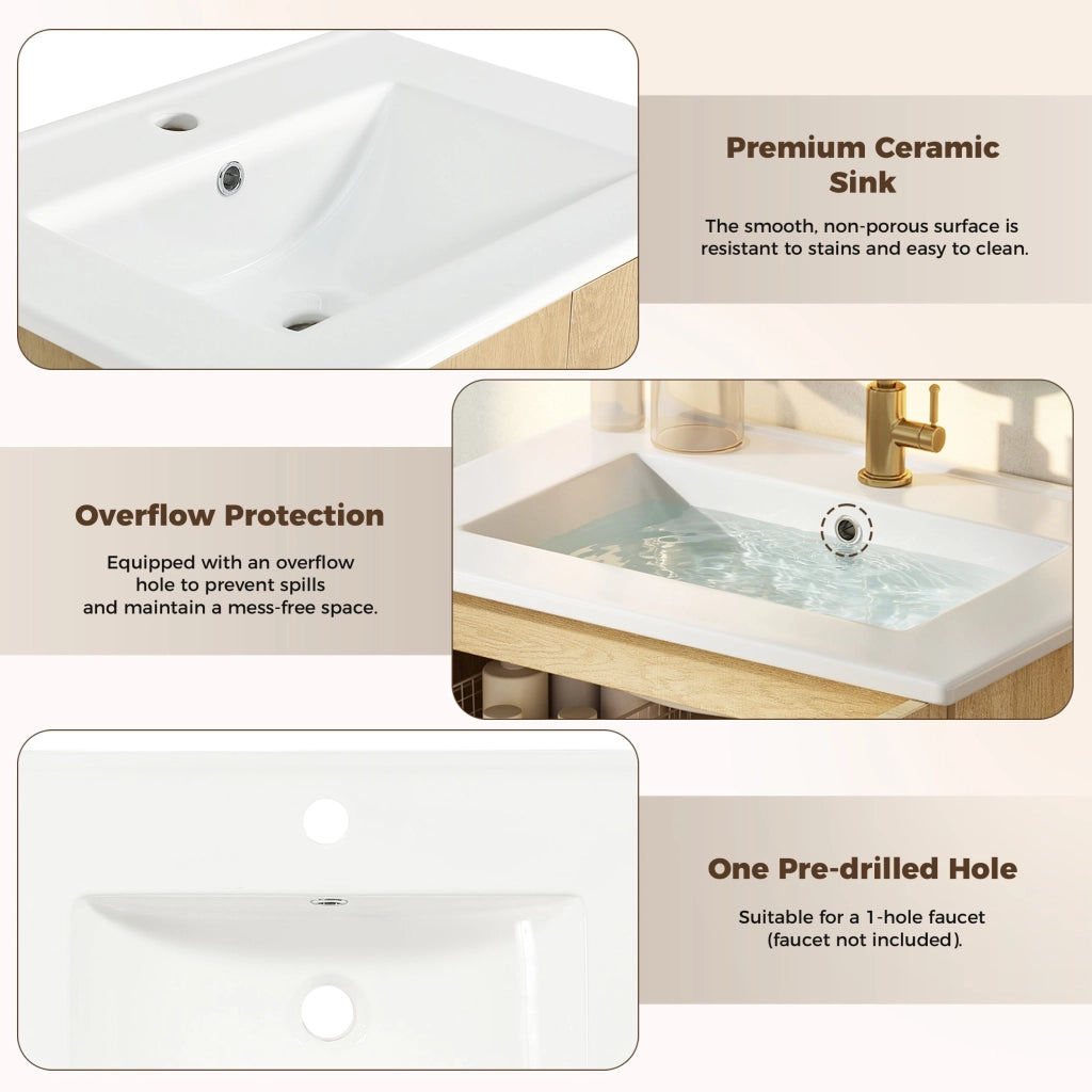 Mobile da bagno con lavabo in ceramica, ante in vimini traspiranti, ripiani portaoggetti, rubinetti non inclusi,colore del legno naturale e bianco