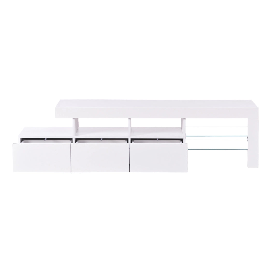 Mobile TV bianco lucido da 180 cm con LED, 3 cassetti, 7 vani e 2 ripiani in vetro