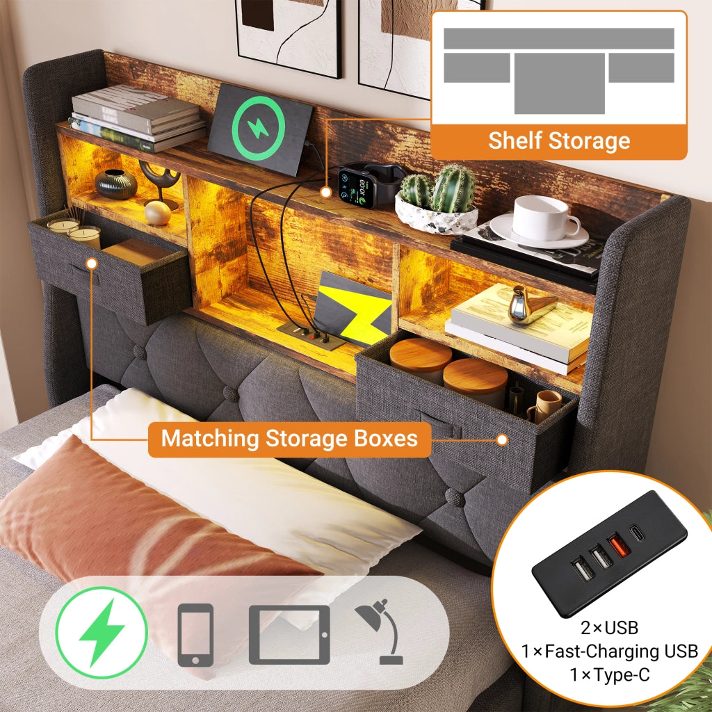 DESMIU Letto contenitore 90 × 200 cm 1 posto con LED, USB, Type-C e vani, materasso incluso, grigio