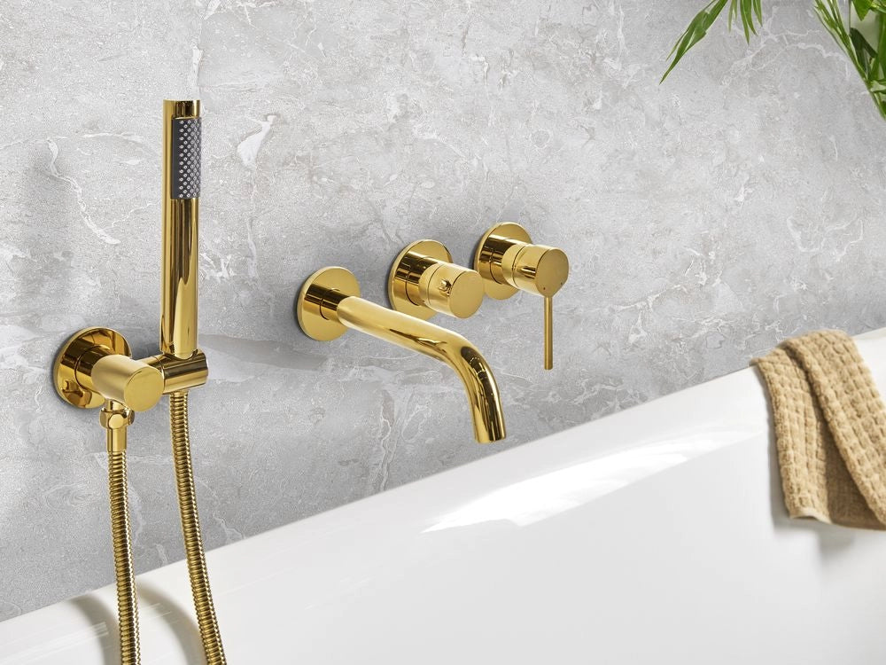Set di miscelatori per vasca da bagno montati a muro, in ottone oro soffione doccia a bocca singola