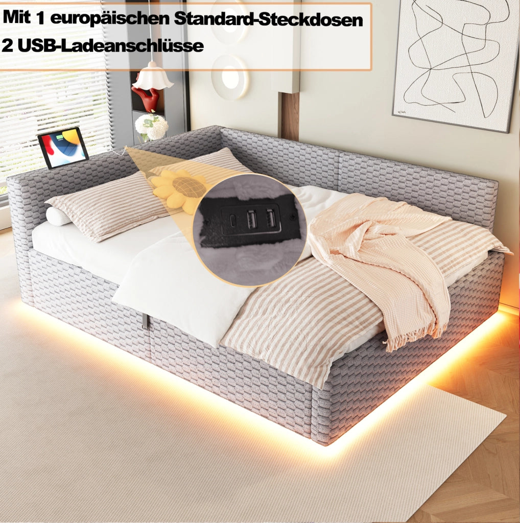 Letto imbottito 140x200 cm con LED, USB e contenitore