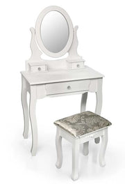 CONSOLLE PER MAKE UP CON SGABELLO E SPECCHIO TONDO 70X40X132CM COLORE BIANCO