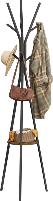 Attaccapanni, Appendiabiti ad Albero in Metallo e MDF, Portabiti da Ingresso con 9 Ganci e 1 Ripiano per Vestiti, Cappelli, Borse, Nero + Legno Vintage