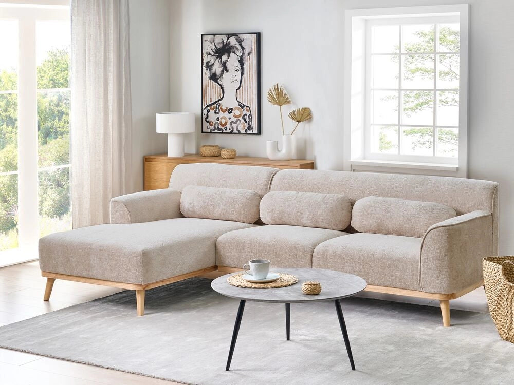 Divano angolare 3 posti destro imbottito in ciniglia beige con funzione di dormiente e schienale imbottito estraibile Gambe in legno