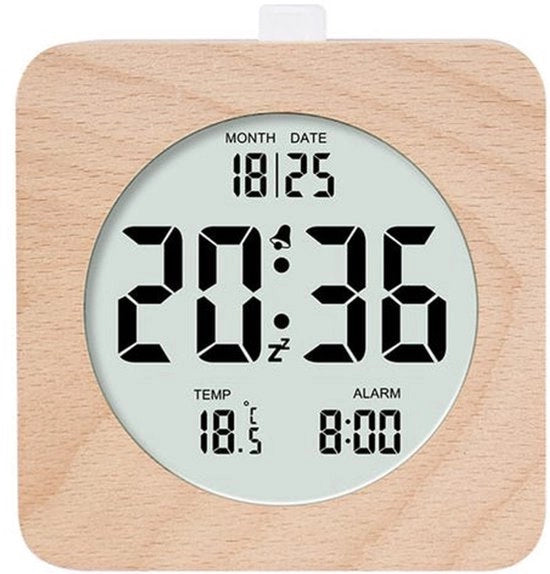 Orologio da parete con finitura in legno, display di tempo, data, temperatura, indicazione 12/24 ore.