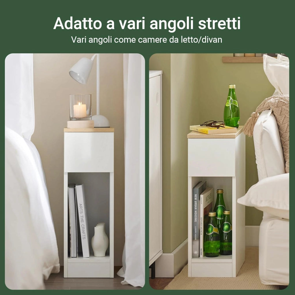 Comodino Sottile comodino per camera da letto con cassetto e ripiano comodini per camera da letto e soggiorno Tavolino divano Bianco L20 x P35 x A60 cm FBT111-WN