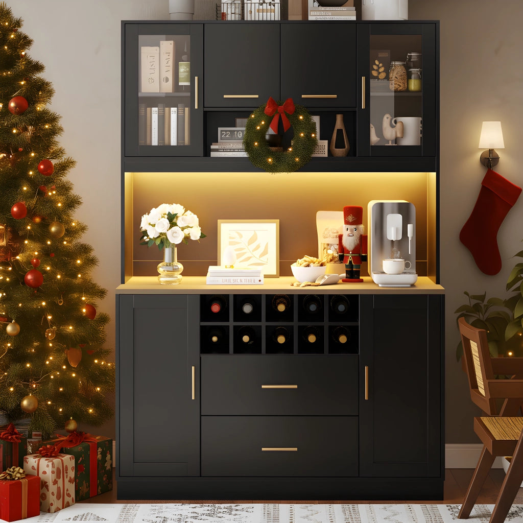 OKWISH Credenza Alta da Cucina con 6 Ante 2 Cassetti LED e Prese USB per Cucina MDF Nero 120 x 36.3 x 180 cm