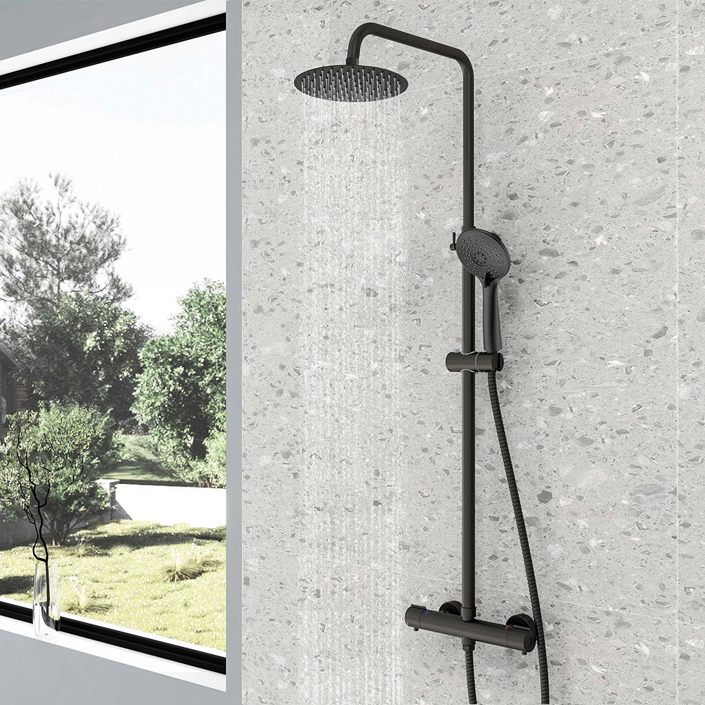 AICA Colonna doccia con miscelatore termostatico, rubinetto doccia cilindro 28x4cm, soffione doccia rotondo 20x20cm in acciaio inox nero