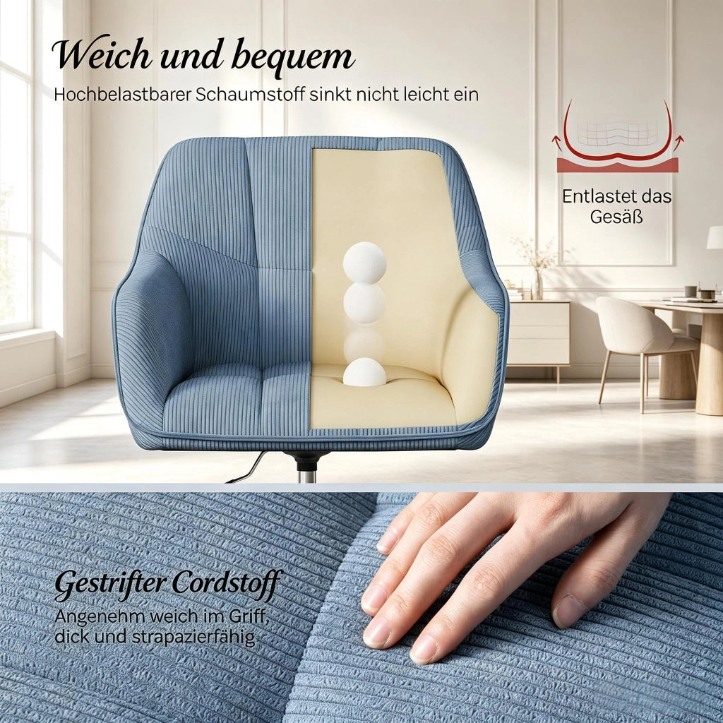 Sedia da Ufficio Girevole con Design Ergonomico, Altezza Regolabile e Braccioli, in Velluto a Coste e Metallo, Blu