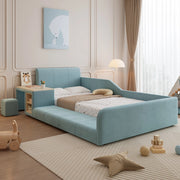 Letto imbottito blu 90x200 cm con scrivania laterale, sgabello e ripiani