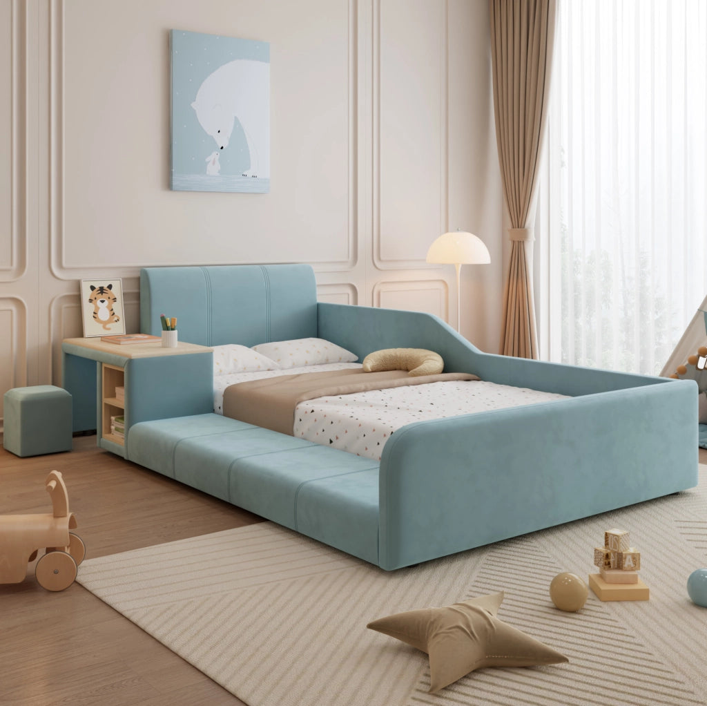 Letto imbottito blu 90x200 cm con scrivania laterale, sgabello e ripiani