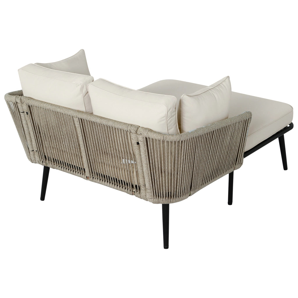 Chaise longue da giardino con cuscino spesso e braccioli intrecciati in corda, acciaio zincato, khaki sfoderabile