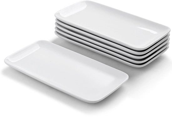 Porcellane rettangolari tavoliere, 23x12 cm, piatti ceramici per servizio di portata, buffet di antipasti e sandwich, resistenti al forno a microonde e al congelatore, bianchi e stivellabili.