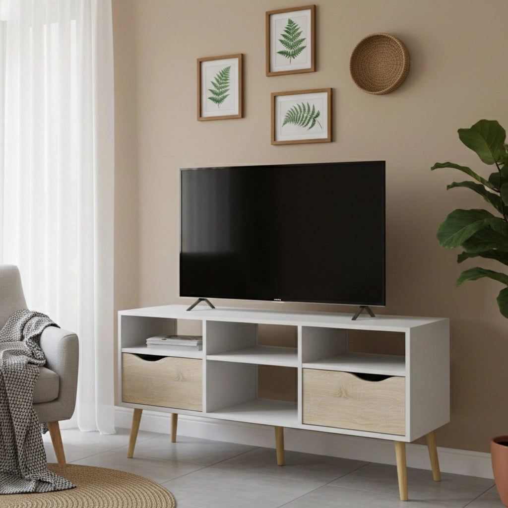 Mobile porta TV a due Aliani, colore bianco e rovere, cm 117 x 57 x 39