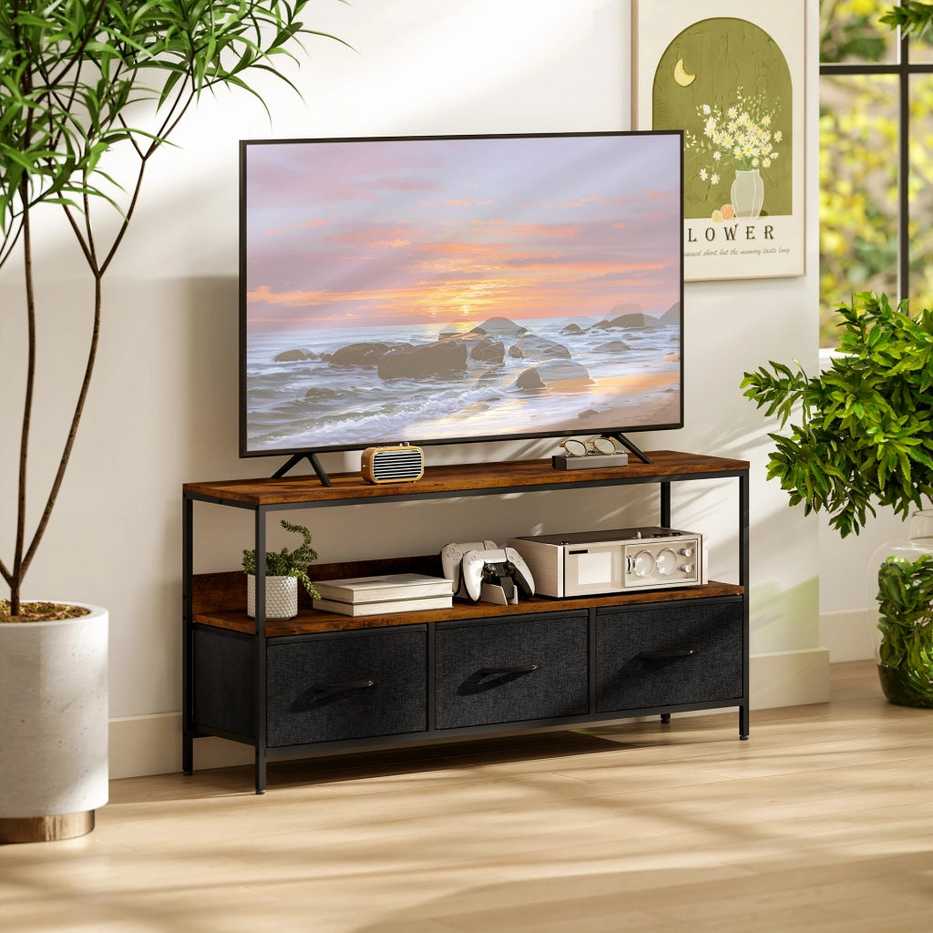 Mobile TV con 3 cassetti ¨C Xylo ¨C Legno marrone rustico e acciaio nero 120x29x56 cm