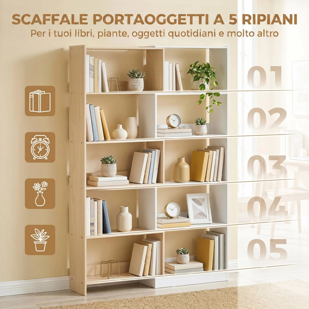 Libreria Angolare 67x67x163,7 cm a 5 Ripiani dal Design Modulabile e Salvaspazio in Legno Multicolore