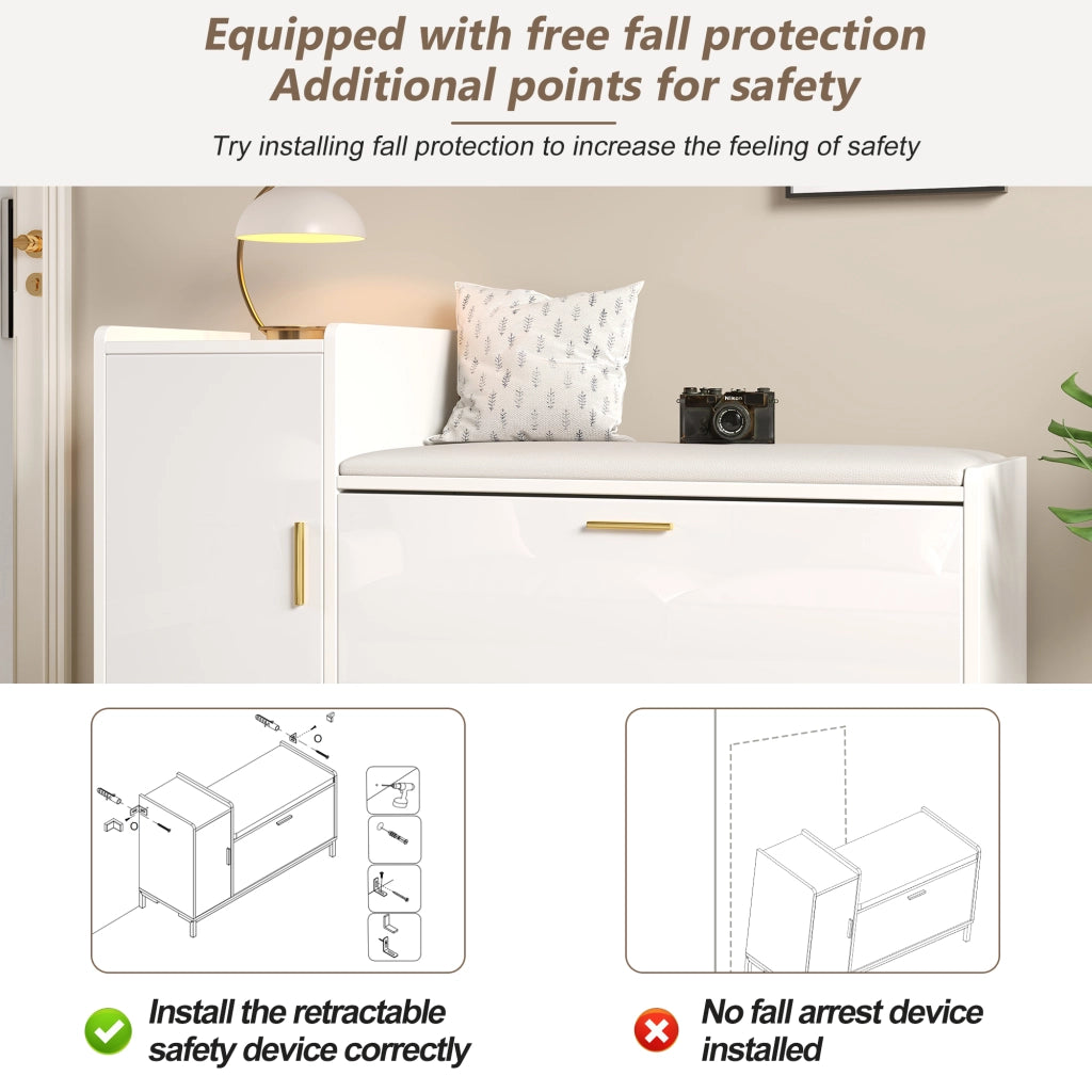 Scarpiera con 2 ripiani e 1 anta; seduta - per ingresso - 100×38×68 cm - bianco e oro