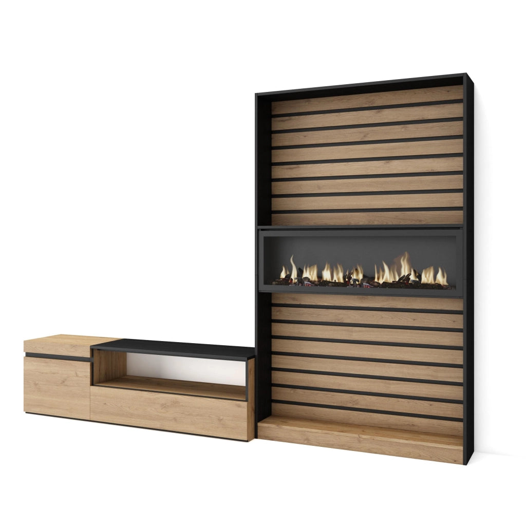 Mobile TV, Soggiorno, 260x35x186cm, Per TV fino a 65", Camino elettrico, colore Rovere e nero RF2540