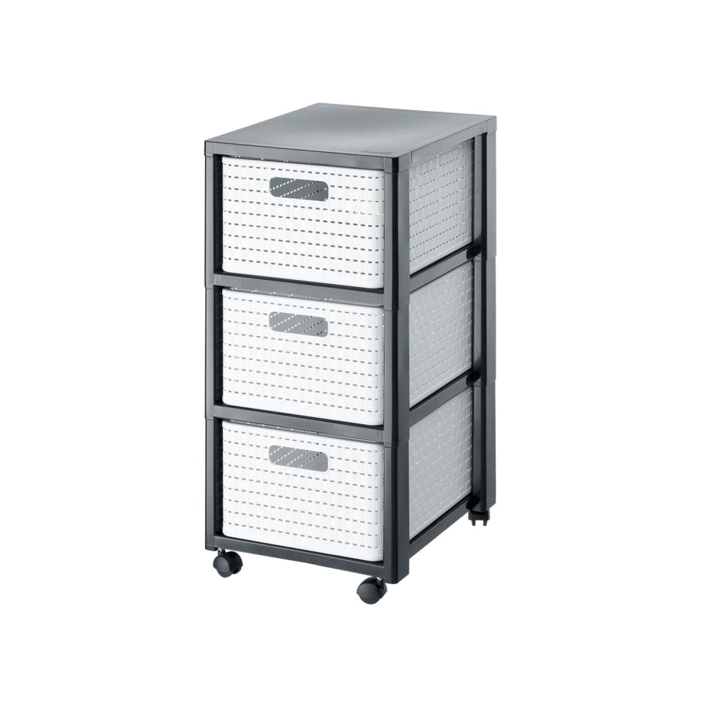Rotho Country Contenitore Arrotolabile con 3 Cassetti in Rattan, Plastica (PP) senza BPA, colore Bianco, 3 x A4/18 L, 37.5 x 32.5 x 71.2 cm