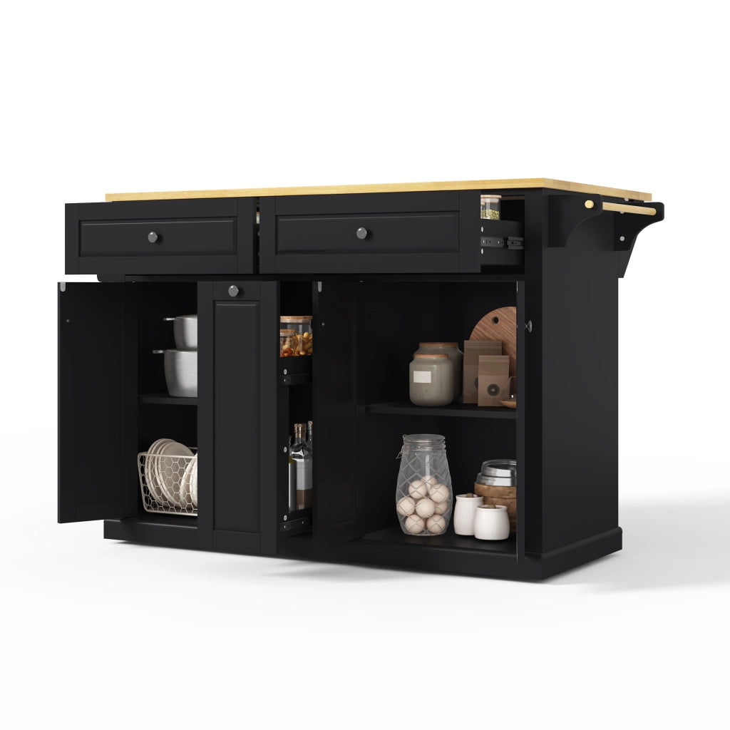 Isola Cucina Mobile 121x49/69x89 cm Nero e Legno con Piano Ribaltabile, 2 Cassetti e Ruote