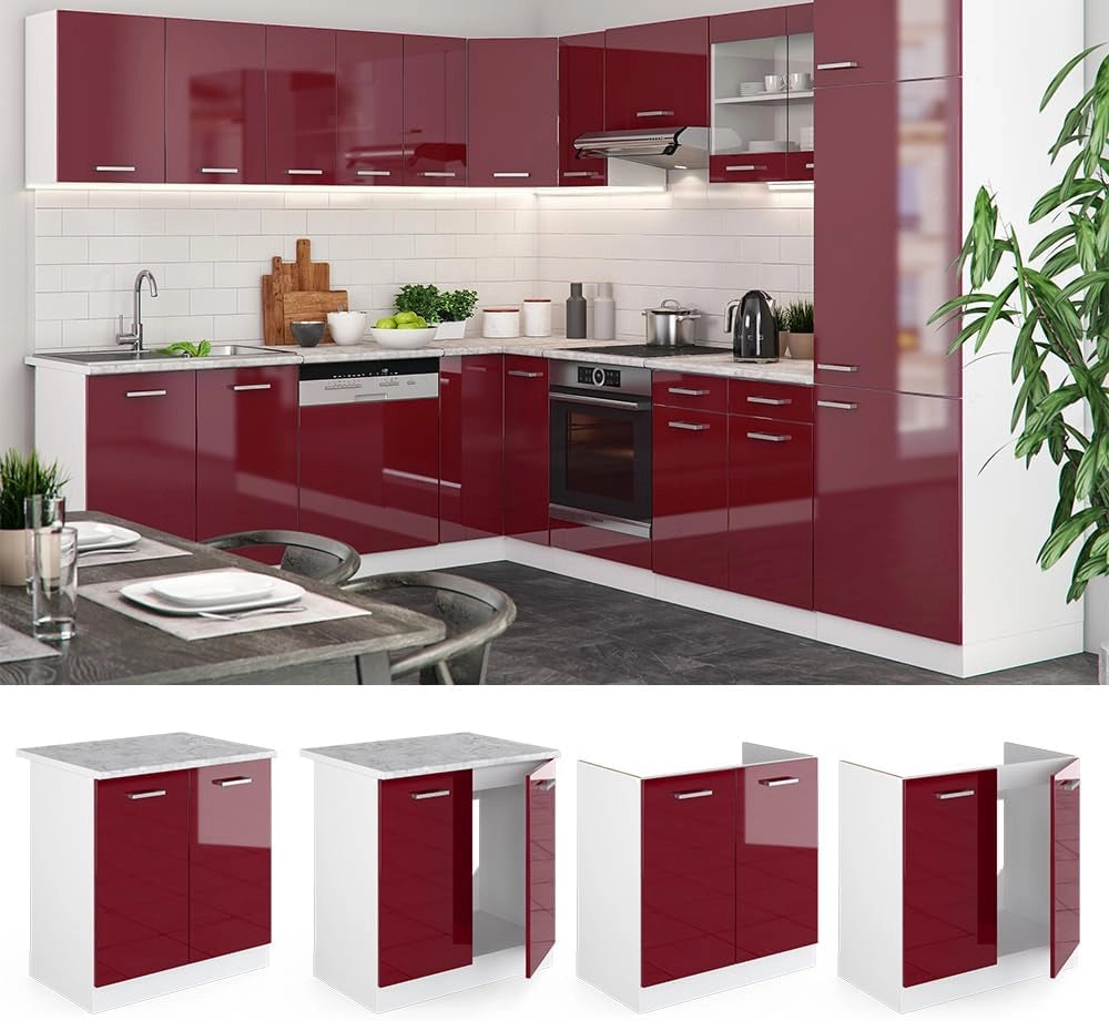 Mobile lavello cucina R-Line, Rosso lucido, 80 cm senza piano di lavoro, per la libera combinazione all'interno di sistemi cucina modulari