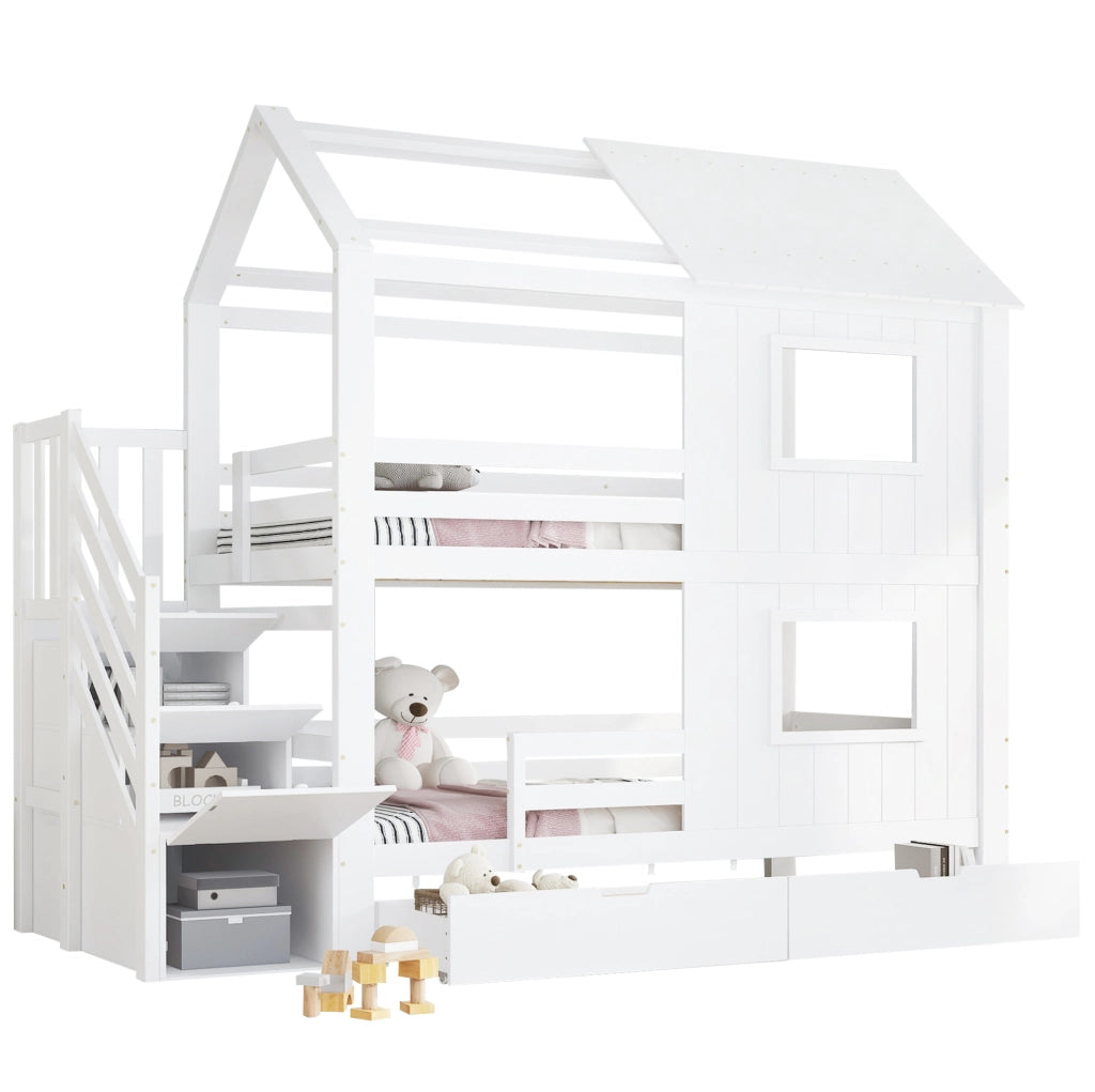 Letto a castello per bambini 90x200 cm con scala contenitore; cassetto su ruote; bianco