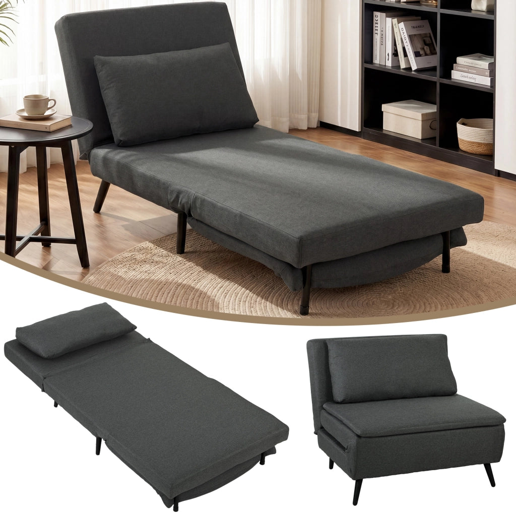 Poltrona letto reclinabile 3-in-1 ¨C Xylo ¨C tessuto lino grigio scuro con poggiapiedi e gambe metallo