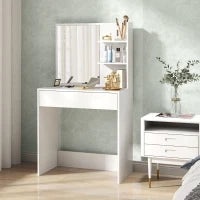 Tavolo da Trucco con Specchio, 3 Ripiani ad Angolo e Cassetto, in Legno e Vetro, 75x40x137 cm, Bianco