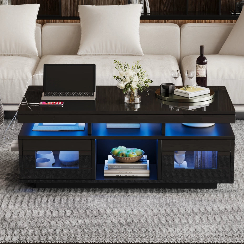 Tavolino da Caffè con 2 Ante e 2 Vani Semiaperti e LED; Presa + USB; Nero Lucido; in Pannello truciolare; 100×50×43 cm