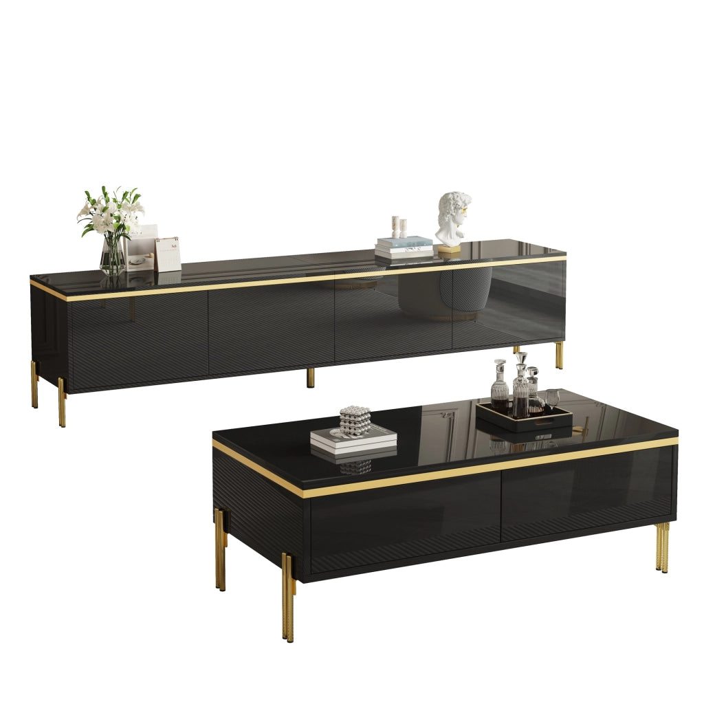 Set Mobile TV e Tavolino da Caffè con 1 Mobile TV e 1 Tavolino; Ampio Contenimento; Stile Lusso Sobrio; Pannelli di Particelle; Nero