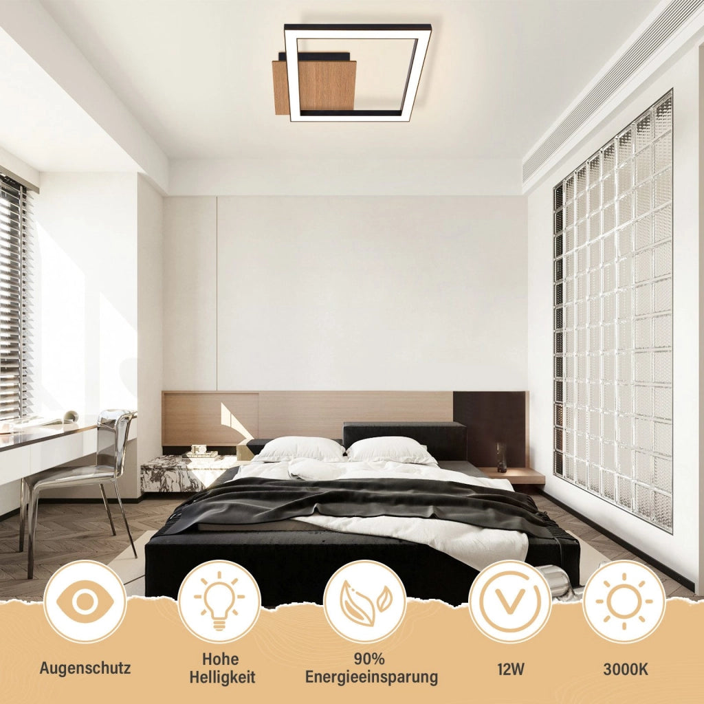 ZMH Lampada da Soffitto LED 3000K Luce Calda Moderna 12W Piccola in Legno Quadrata Nera per Corridoio Soggiorno