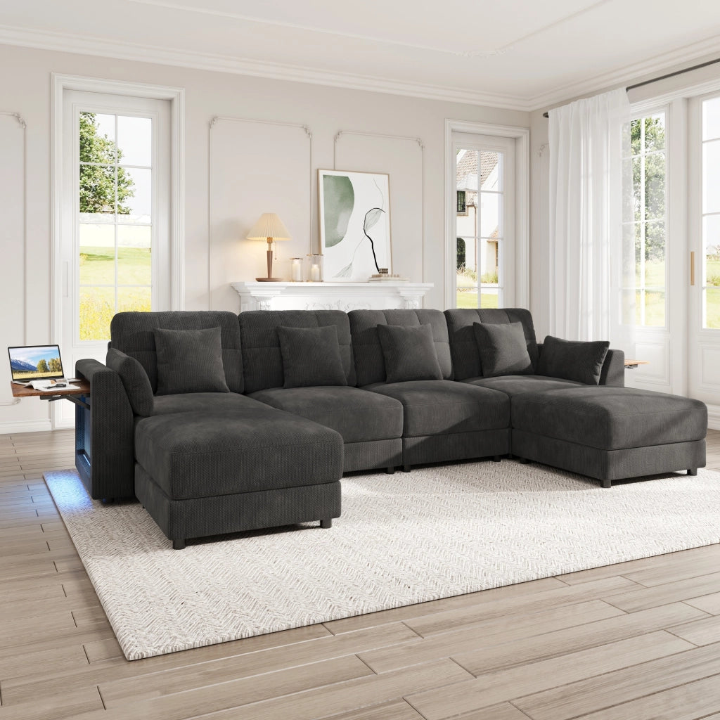 SOFA Modulare U/L 292x135x82 cm Chenille Grigio con 2 pouf e 6 cuscini