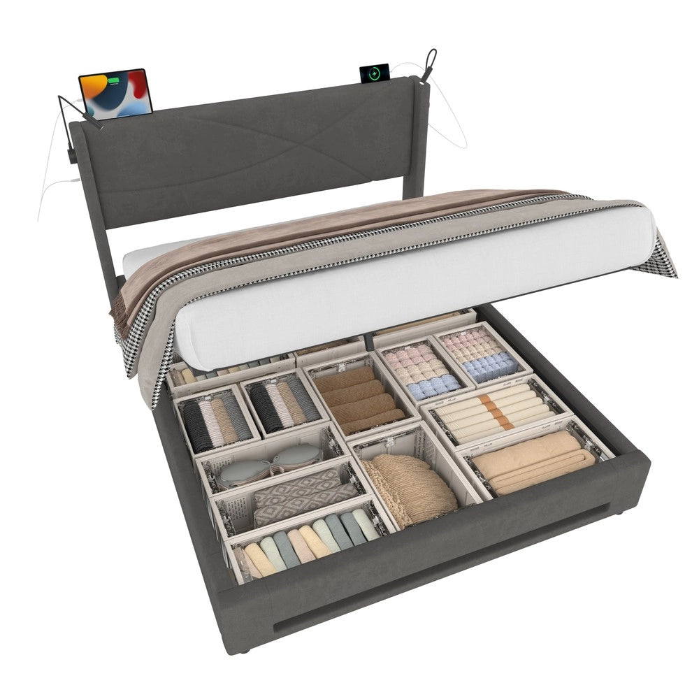 Letto Contenitore con LED, Luci di Lettura, USB e Rete a Doghe ¨C MINIMAL ¨C 140x200