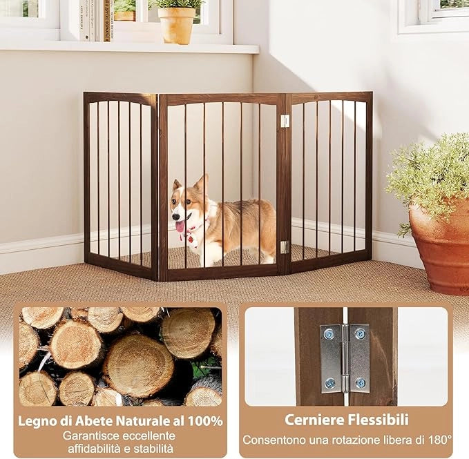 Cancelletto in Legno per Cani 159 x 76 cm, Recinto per Bambini, Cancello Pieghevole a 3 Pannelli per Porte, Scale e Corridoi (Naturale)