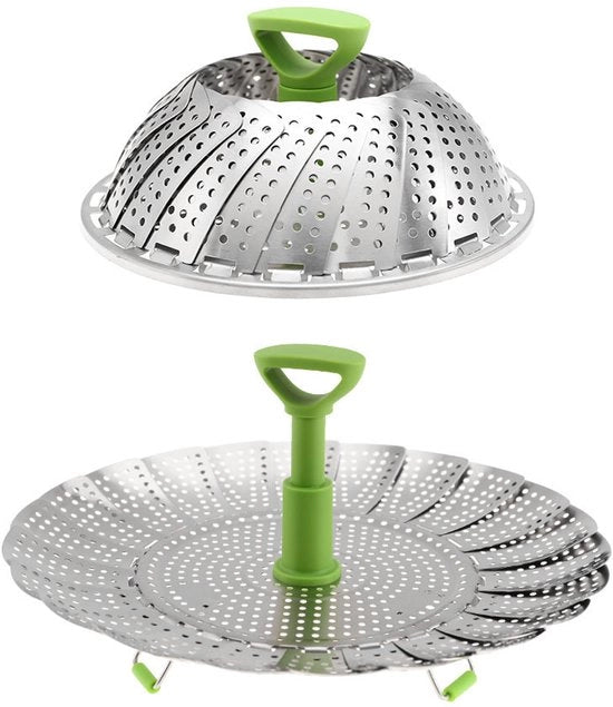 Pannello a vapore - 11 Pollici - Cestello per verdure - Con maniglia telescopica - Cestello a vapore - Cestello opvolutile - Utilizzato per lo stoviglione di verdure, frutti di mare e uova - Argento
